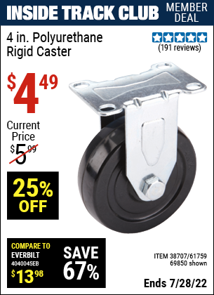Inside Track Club members can buy the 4 in. Polyurethane Heavy Duty Rigid Caster (Item 69850/38707/61759) for $4.49, valid through 7/28/2022.