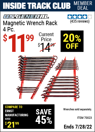 Inside Track Club members can buy the U.S. GENERAL Magnetic Wrench Rack 4 Pc. (Item 70023) for $11.99, valid through 7/28/2022.