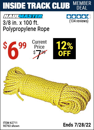 Inside Track Club members can buy the HAUL-MASTER 3/8 in. x 100 ft. Polypropylene Rope (Item 90763/62711) for $6.99, valid through 7/28/2022.