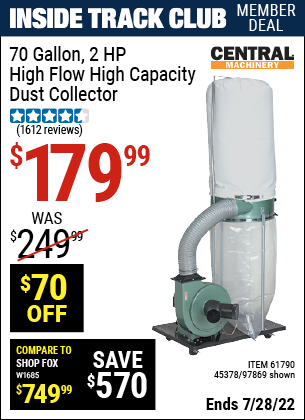 Inside Track Club members can buy the CENTRAL MACHINERY 70 gallon 2 HP Heavy Duty High Flow High Capacity Dust Collector (Item 97869/45378/61790) for $179.99, valid through 7/28/2022.