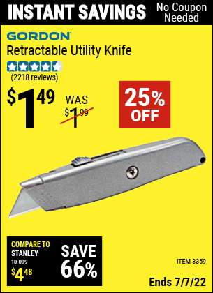 Buy the GORDON Retractable Utility Knife (Item 03359) for $1.49, valid through 7/7/2022.