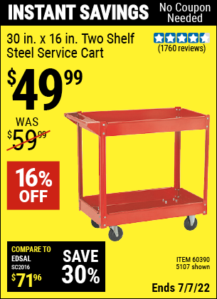 Buy the 30 In. x 16 In. Two Shelf Steel Service Cart (Item 05107/60390) for $49.99, valid through 7/7/2022.