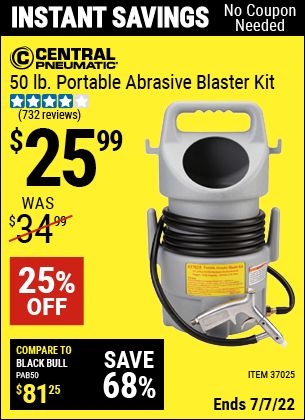 Buy the CENTRAL PNEUMATIC Portable Abrasive Blaster Kit (Item 37025) for $25.99, valid through 7/7/2022.