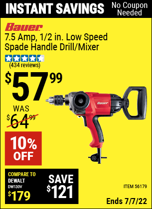 Buy the BAUER 1/2 In. Heavy Duty Low Speed Spade Handle Drill/Mixer (Item 56179) for $57.99, valid through 7/7/2022.