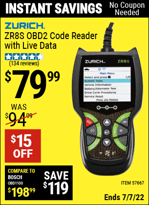 Buy the ZURICH ZR8S OBD2 Code Reader with Live Data (Item 57667) for $79.99, valid through 7/7/2022.