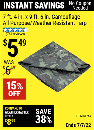 Buy the HFT 7 ft. 4 in. x 9 ft. 6 in. Camouflage All Purpose/Weather Resistant Tarp (Item 61765) for $5.49, valid through 7/7/2022.