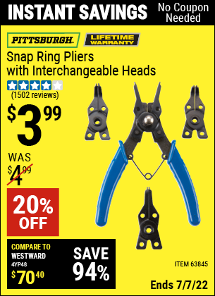 Buy the PITTSBURGH Snap Ring Pliers with Interchangeable Heads (Item 63845) for $3.99, valid through 7/7/2022.