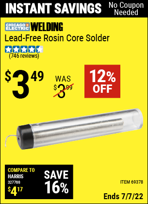 Buy the CHICAGO ELECTRIC Lead-Free Rosin Core Solder (Item 69378) for $3.49, valid through 7/7/2022.