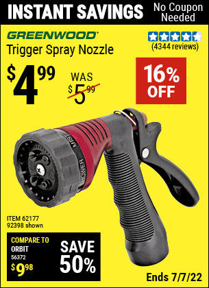 Buy the GREENWOOD Trigger Spray Nozzle (Item 92398/62177) for $4.99, valid through 7/7/2022.