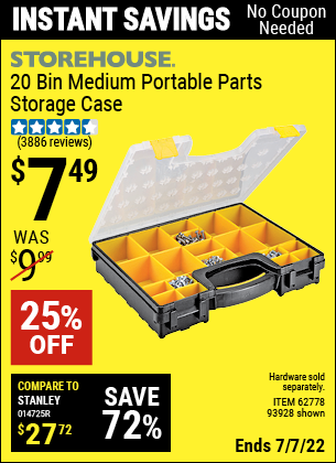 Buy the STOREHOUSE 20 Bin Medium Portable Parts Storage Case (Item 93928/62778) for $7.49, valid through 7/7/2022.