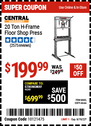 Buy the CENTRAL MACHINERY H-Frame Industrial Heavy Duty Floor Shop Press (Item 32879/60603) for $199.99, valid through 6/19/2022.
