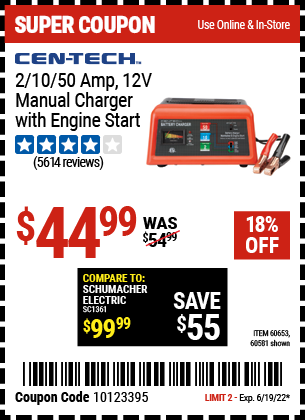 Buy the CEN-TECH 12V Manual Charger With Engine Start (Item 60581/60653) for $44.99, valid through 6/19/2022.