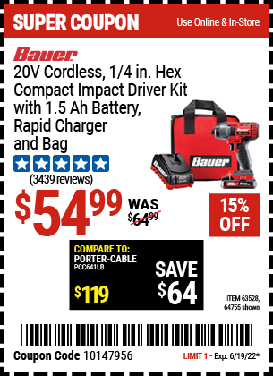 Buy the BAUER 20V Hypermax Lithium 1/4 In. Hex Compact Impact Driver Kit (Item 63528/63528) for $54.99, valid through 6/19/2022.