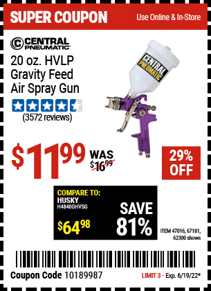 Buy the CENTRAL PNEUMATIC 20 oz. HVLP Gravity Feed Air Spray Gun (Item 62300/47016/67181) for $11.99, valid through 6/19/2022.