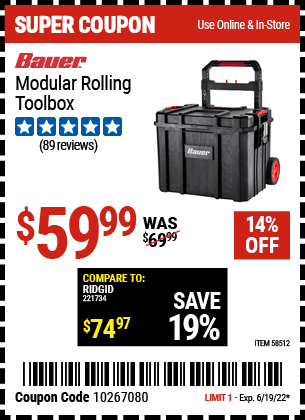Buy the BAUER Modular Rolling Tool Box (Item 58512) for $59.99, valid through 6/19/2022.