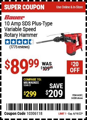 Buy the BAUER 1-1/8 in. SDS Variable Speed Pro Rotary Hammer Kit (Item 64288/64287) for $89.99, valid through 6/19/2022.