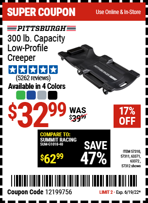Buy the PITTSBURGH AUTOMOTIVE 40 In. 300 Lb. Capacity Low-Profile Creeper, Green (Item 57310/57311/57312/63371/63372/63424/64169) for $32.99, valid through 6/19/2022.