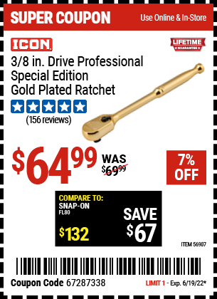 3/8 In. Drive Professional Special Edition Gold Plated Ratchet