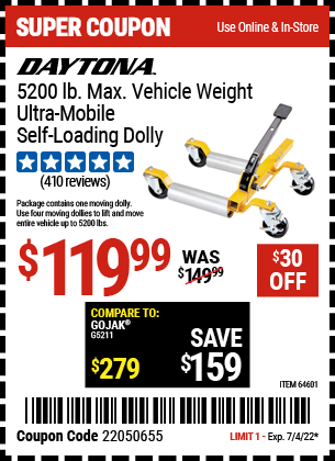 Buy the DAYTONA 5200 Lb. Max Vehicle Weight Ultra-Mobile Self-Loading Dolly (Item 64601) for $119.99, valid through 7/4/2022.