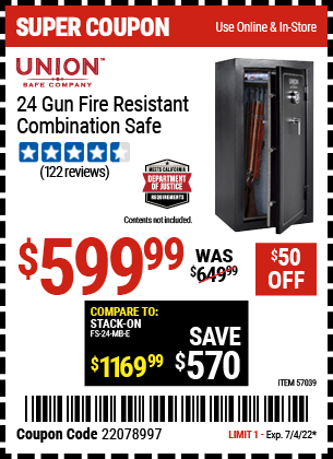 Buy the UNION SAFE COMPANY 24 Gun Fire Resistant Combination Safe (Item 57039) for $599.99, valid through 7/4/2022.