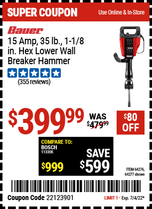 Buy the BAUER 15 Amp 35 lb. Pro Demolition Hammer Kit (Item 64277/64276) for $399.99, valid through 7/4/2022.