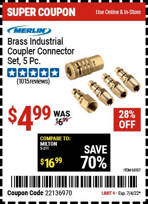 Buy the MERLIN Brass Industrial Coupler Connector Kit 5 Pc. (Item 63557) for $4.99, valid through 7/4/2022.