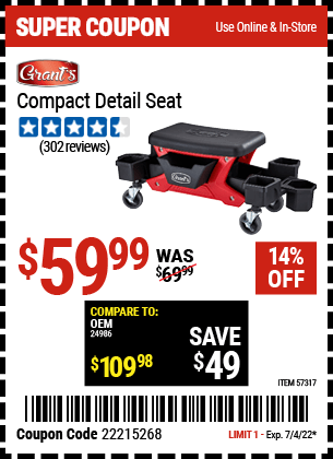 Buy the GRANT’S Compact Detail Seat (Item 57317) for $59.99, valid through 7/4/2022.