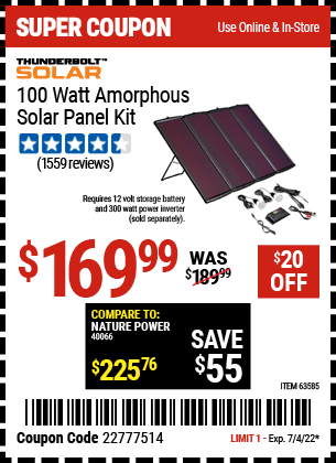 Buy the THUNDERBOLT MAGNUM SOLAR 100 Watt Solar Panel Kit (Item 63585) for $169.99, valid through 7/4/2022.