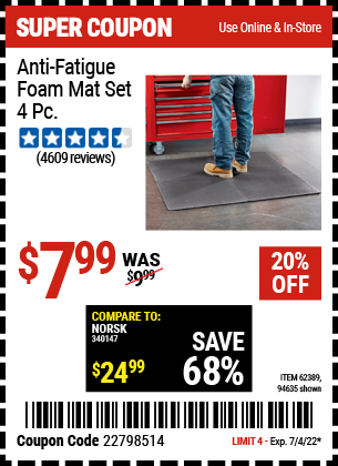 Buy the HFT Anti-Fatigue Foam Mat Set 4 Pc. (Item 94635/62389) for $7.99, valid through 7/4/2022.