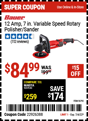 Buy the BAUER Corded 7 in. 12 Amp Variable Speed Rotary Polisher/Sander (Item 56792) for $84.99, valid through 7/4/2022.