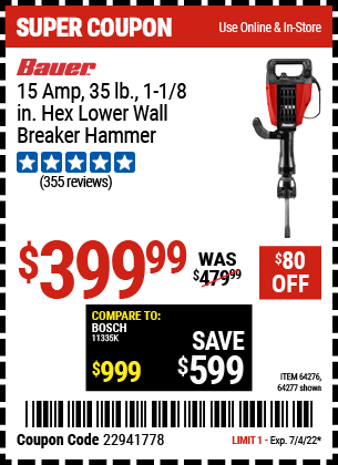 Buy the BAUER 15 Amp 35 lb. Pro Demolition Hammer Kit (Item 64277/64276) for $399.99, valid through 7/4/2022.