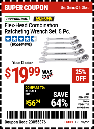 Buy the PITTSBURGH Metric Flex-Head Combination Ratcheting Wrench Set 5 Pc. (Item 60592/61710/60591) for $19.99, valid through 7/4/2022.
