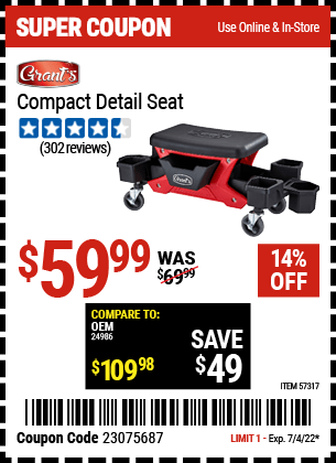 Buy the GRANT’S Compact Detail Seat (Item 57317) for $59.99, valid through 7/4/2022.