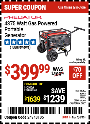 4375 Watt Gas Powered Portable Generator, EPA