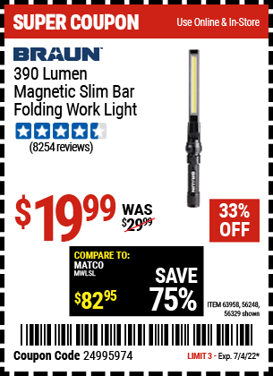 390 Lumen Magnetic Slim Bar Folding Work Light