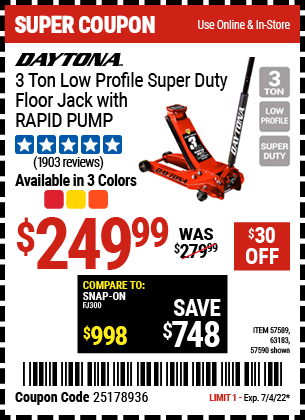 3 ton Low Profile Super Duty Floor Jack with RAPID PUMP, Candy Apple Metallic Red