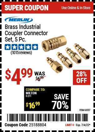 Brass Industrial Coupler Connector Set, 5 Pc.