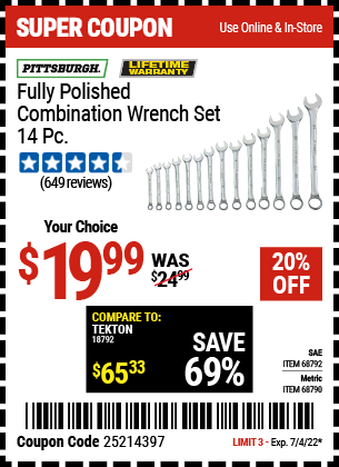 Fully Polished Metric Combination Wrench Set, 14 Pc.