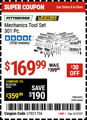 PITTSBURGH 301 Pc Mechanic’s Tool Set for $169.99 – Harbor Freight Coupons