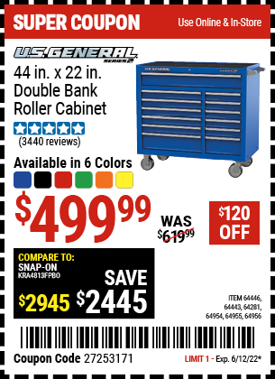 U.S. GENERAL SERIES 2 44 In. X 22 In. Double Bank Roller Cabinet for ...