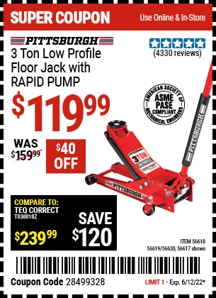 Buy the PITTSBURGH AUTOMOTIVE 3 Ton Low Profile Steel Heavy Duty Floor Jack With Rapid Pump (Item 56617/56618/56619/56620) for $119.99, valid through 6/12/2022.