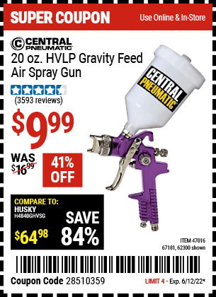 Buy the CENTRAL PNEUMATIC 20 oz. HVLP Gravity Feed Air Spray Gun (Item 62300/47016/67181) for $9.99, valid through 6/12/2022.