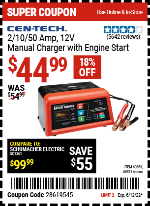 Buy the CEN-TECH 12V Manual Charger With Engine Start (Item 60581/60653) for $44.99, valid through 6/12/2022.