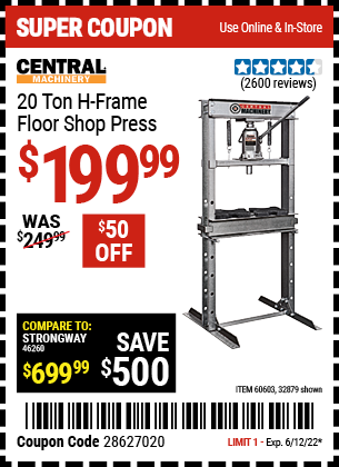 Buy the CENTRAL MACHINERY H-Frame Industrial Heavy Duty Floor Shop Press (Item 32879/60603) for $199.99, valid through 6/12/2022.