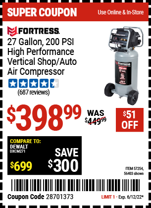 Buy the FORTRESS 27 Gallon 200 PSI Oil-Free Professional Air Compressor (Item 56403/57254) for $398.99, valid through 6/12/2022.