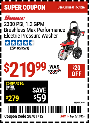 Buy the BAUER 2300 PSI 1.2 GPM Brushless Max Performance Electric Pressure Washer (Item 57656) for $219.99, valid through 6/12/2022.