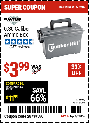 Buy the BUNKER HILL SECURITY Ammo Dry Box (Item 63135/61451) for $3.99, valid through 6/12/2022.