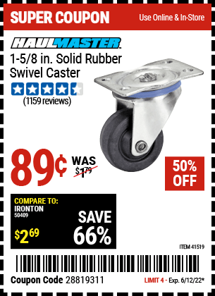 Buy the CENTRAL MACHINERY 1-5/8 in. Rubber Light Duty Swivel Caster (Item 41519) for $0.89, valid through 6/12/2022.