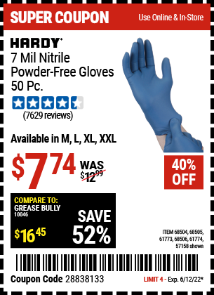 Buy the HARDY 7 Mil Nitrile Powder-Free Gloves, 50 Pc. XX-Large (Item 57158/68504/68505/68506/61774) for $7.74, valid through 6/12/2022.