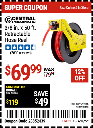 Buy the CENTRAL PNEUMATIC 3/8 In. X 50 Ft. Retractable Hose Reel (Item 93897/62344/64685) for $69.99, valid through 6/12/2022.